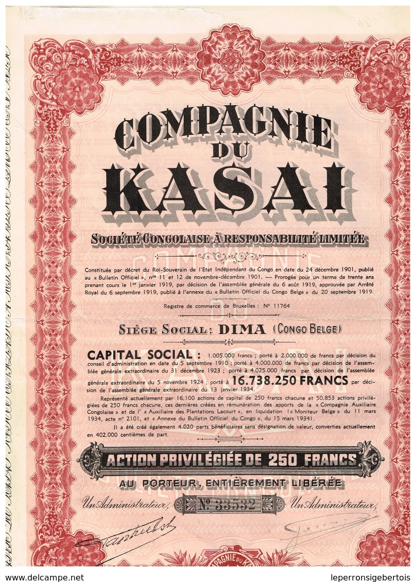 Ancienne Action Congolaise - Compagnie Du Kasaï - Société Congolaise à Responsabilité Limitée - Titre De 1934 - Landbouw