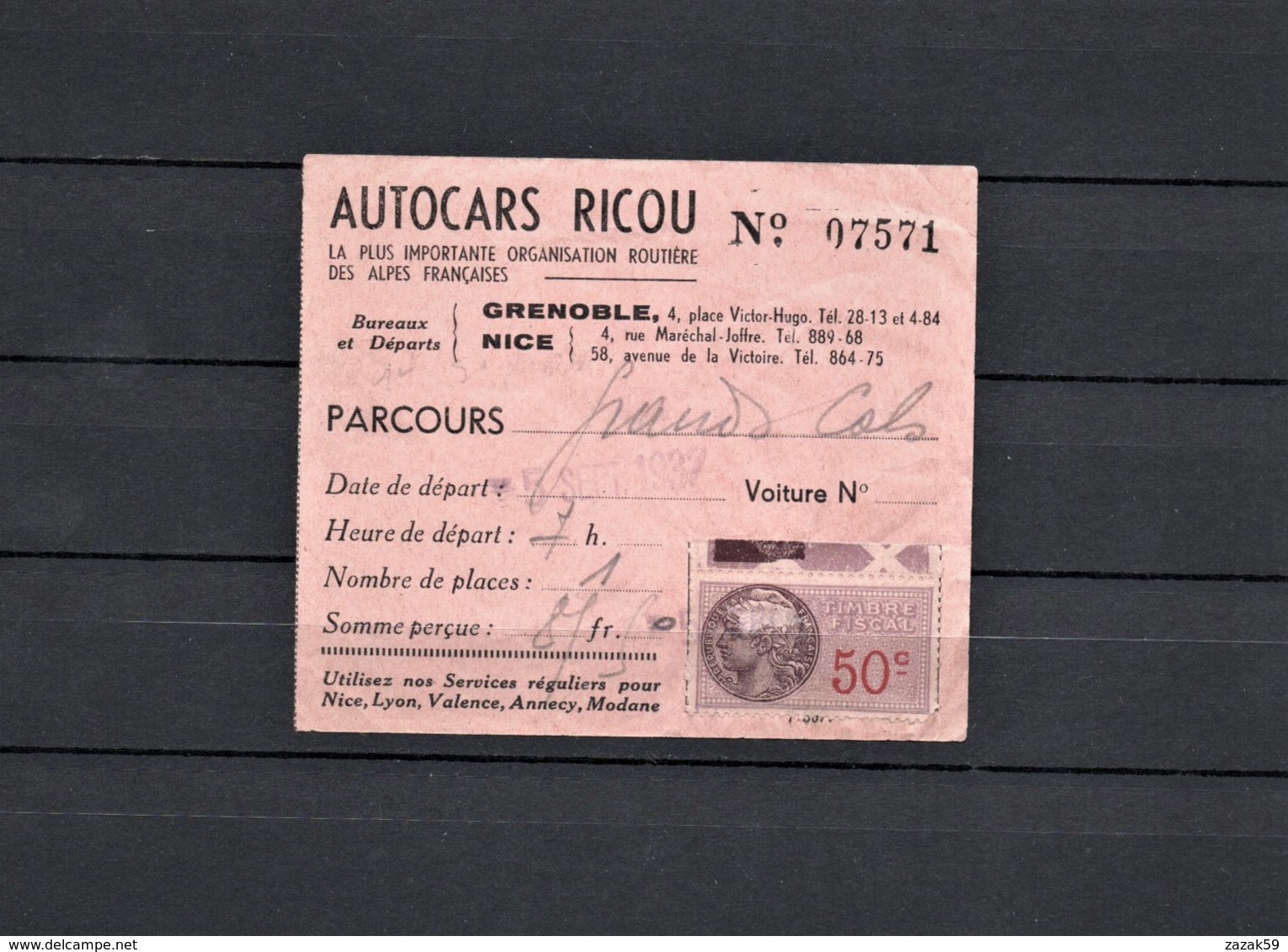 Timbres Fiscaux Fiscal Revenue Sur Billet De Transport Car - Autres & Non Classés