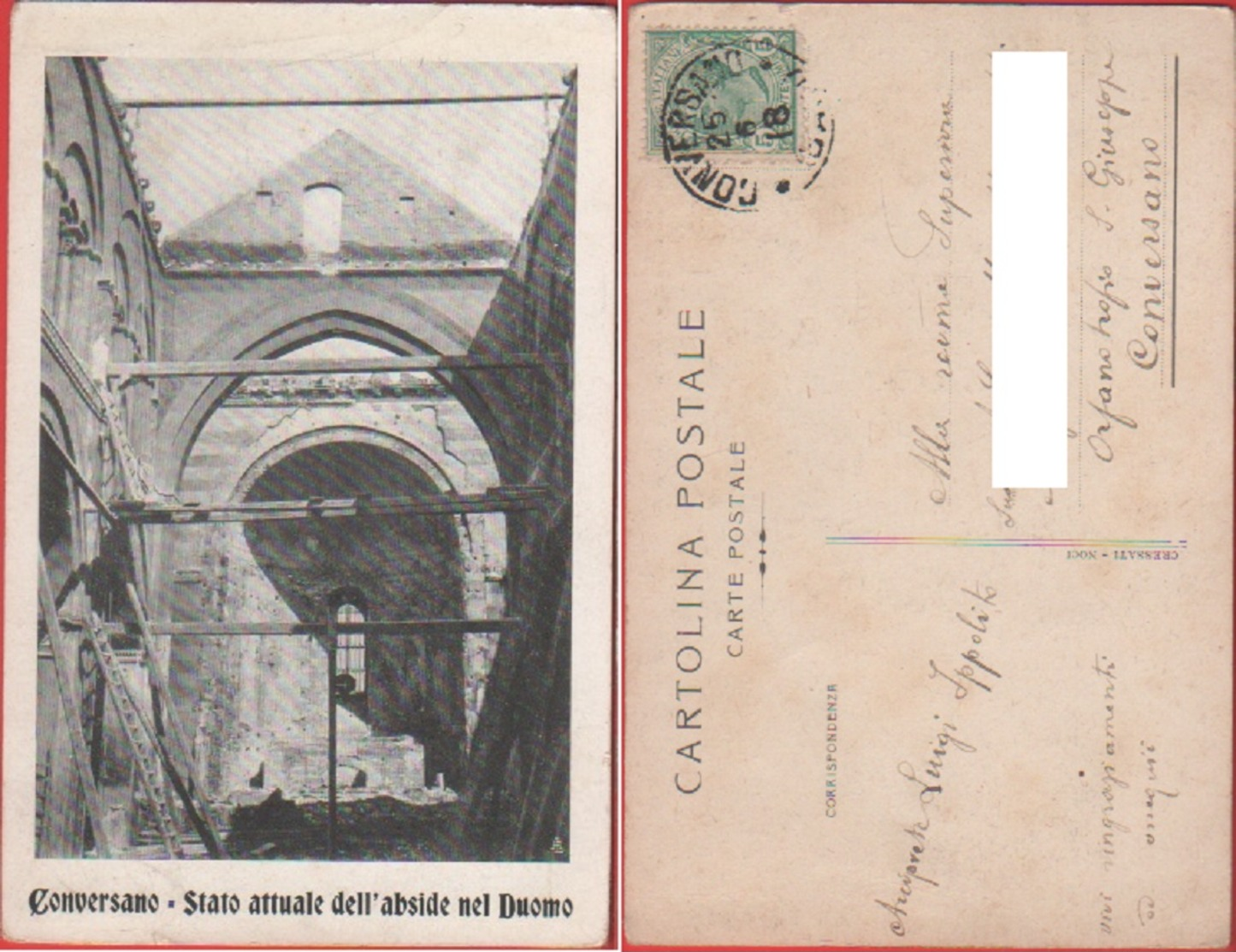 Conversano (BA). Stato Attuale Dell'abside Del Duomo. Viaggiata 1918 - Altri & Non Classificati