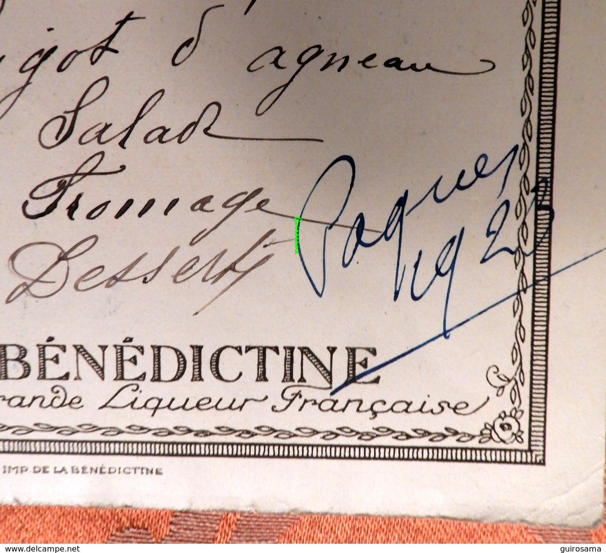 Pâques 1923 : Menu Bénédictine - Hôtel Moderne à Fougères - Bretagne - Menus