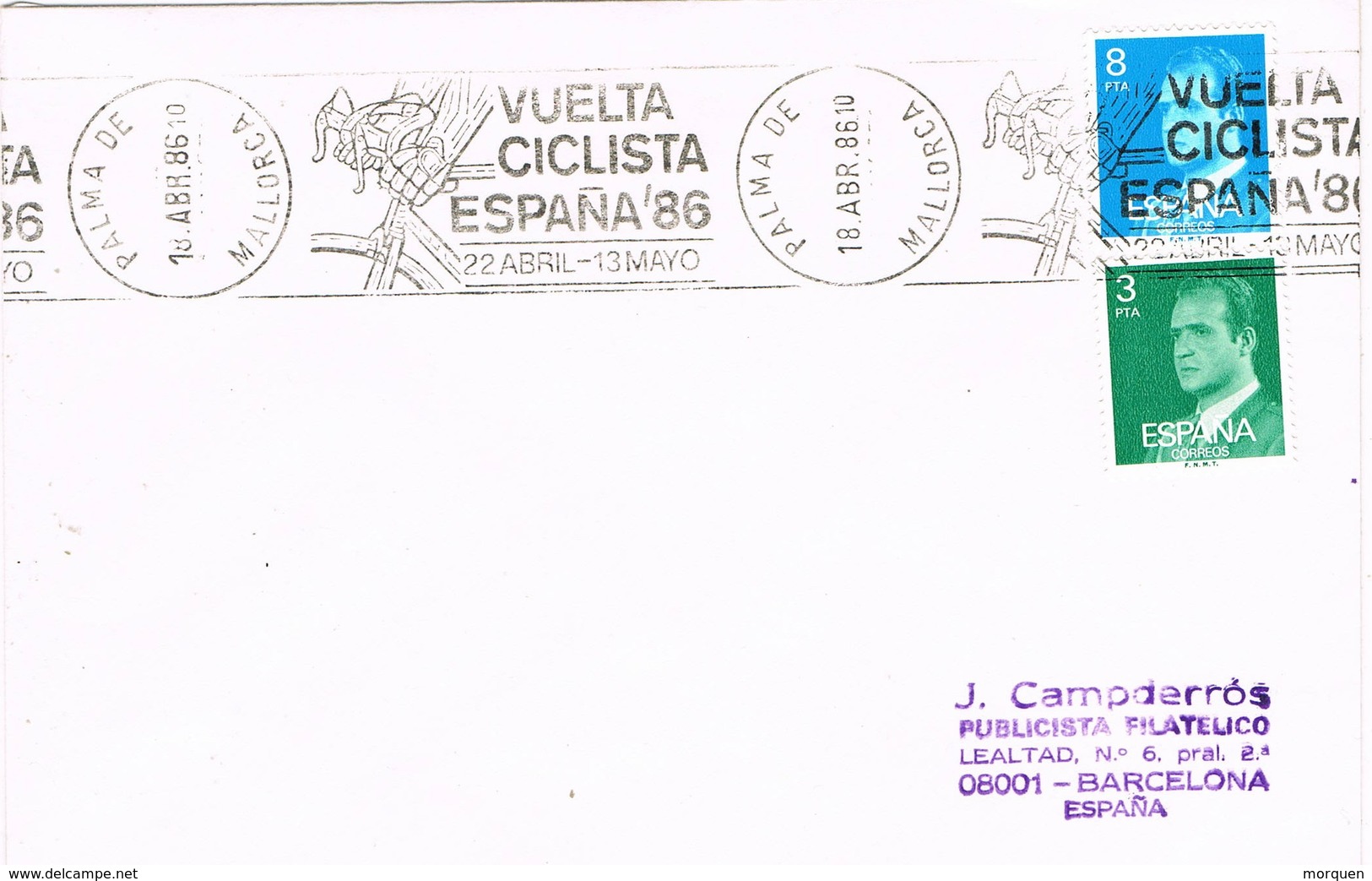 35559. Carta PALMA De MALLORCA 1986. Rodillo Vuelta Ciclista España 86. Ciclismo - Cartas & Documentos