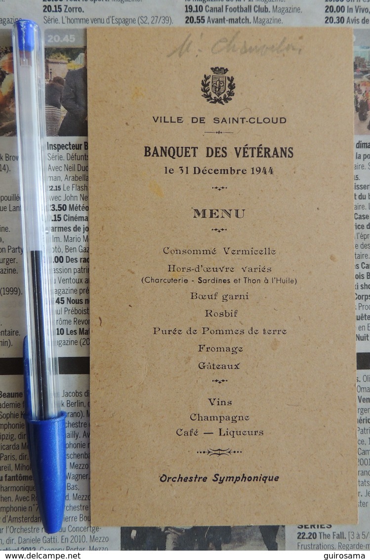 Menu Du 31 Décembre 1944 Du Banquet Des Vétérans De La Ville De Saint-Cloud - Menus