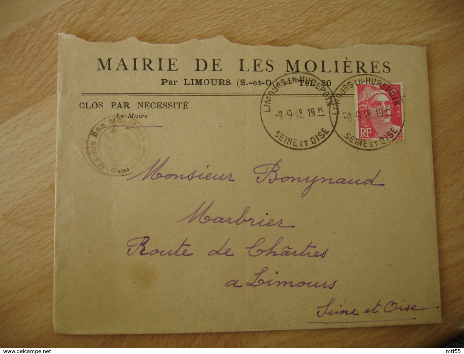 Limours En Hurepoix Horoplan Cachet Horodateur Oblieration Sur Lettre Mairie De Les Molieres - 1921-1960: Moderne