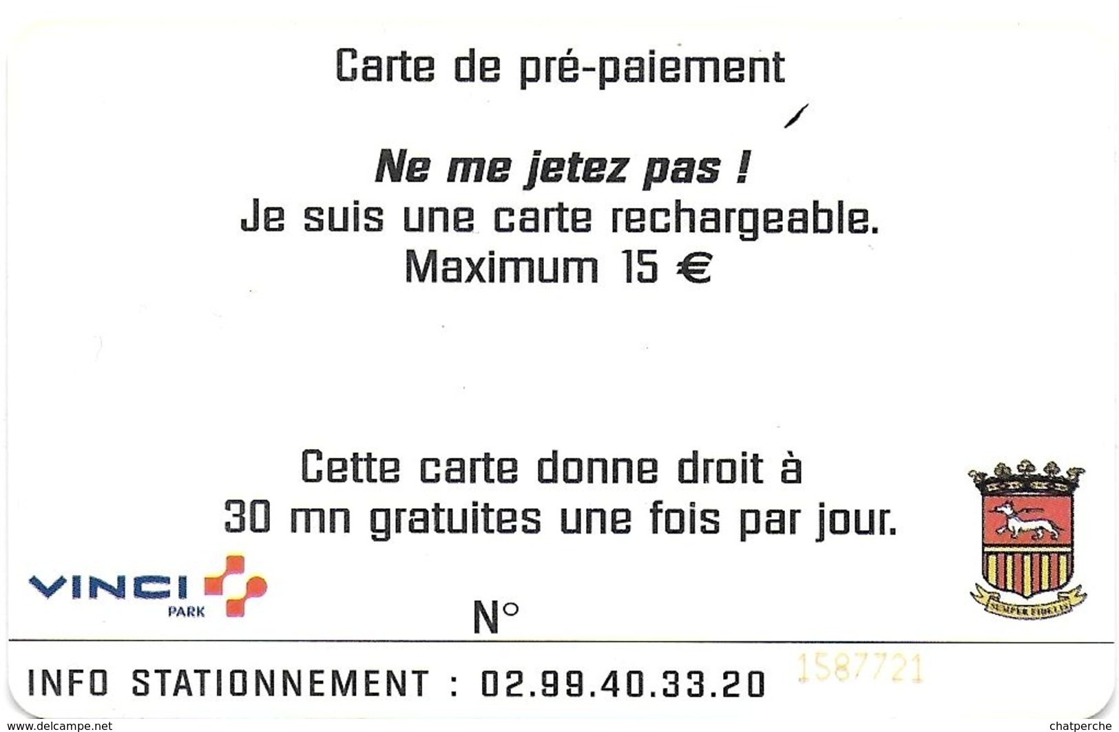 CARTE DE STATIONNEMENT A PUCE CHIP CARD VILLE DE SAINT-MALO 35 ILLE ET VILAINE - Scontrini Di Parcheggio