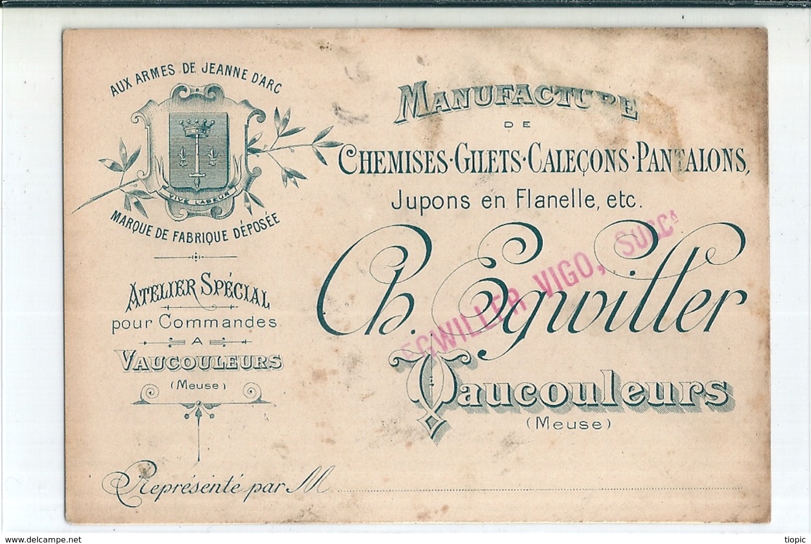 Carte  Publicitaire  -   Manufacture,  "  Chemises - Gilets - Caleçons - Pantalons "  De  VAUCOULEURS    (  Meuse ) - Publicité