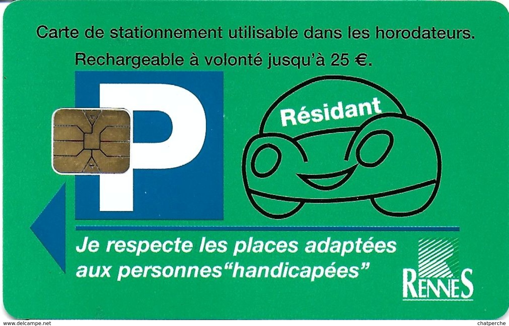 CARTE DE STATIONNEMENT A PUCE CHIP CARD VILLE RENNES  RÉSIDANT  35 ILLE ET VILAINE - Scontrini Di Parcheggio