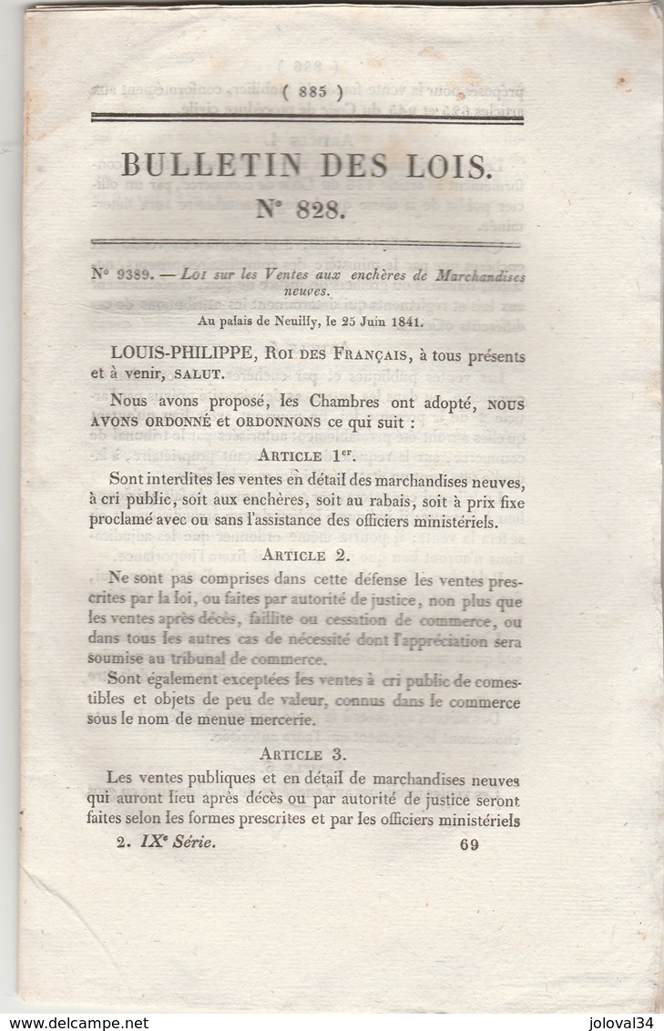 Bulletin Des Lois 828 De 1841 Ventes Aux Enchères Marchandises Neuves - Emprunt Départements Et 13 Villes - Décrets & Lois
