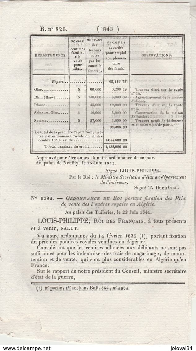 Bulletin Des Lois 826 De 1841 Construction Tombeau Et Statue De Napoléon - Prix Des Poudres Royales En Algérie - Decreti & Leggi