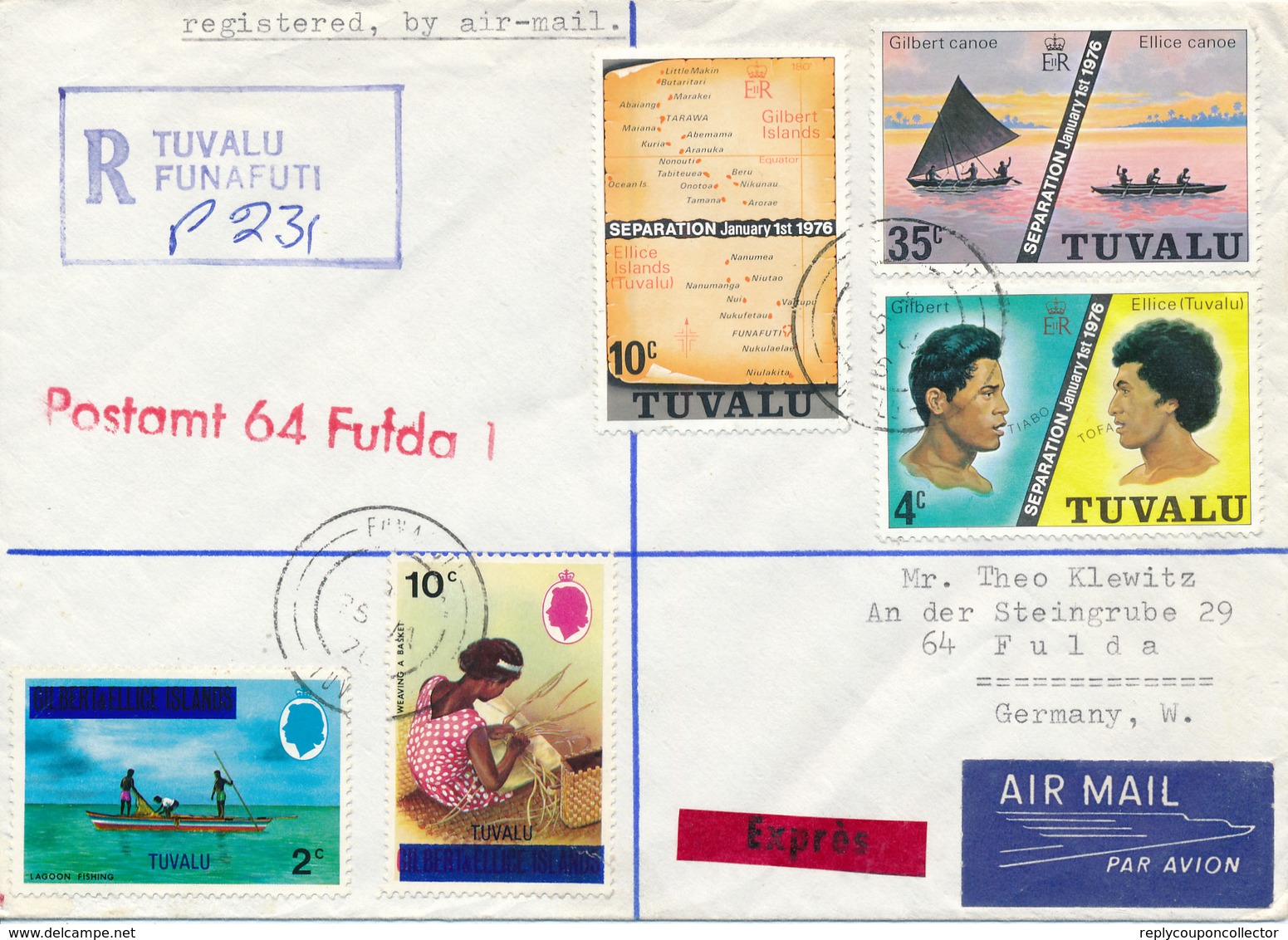 TUVALU /  FUNAFUTI  - 1976 ,   R-Brief Nach FULDA / DE - Tuvalu (fr. Elliceinseln)