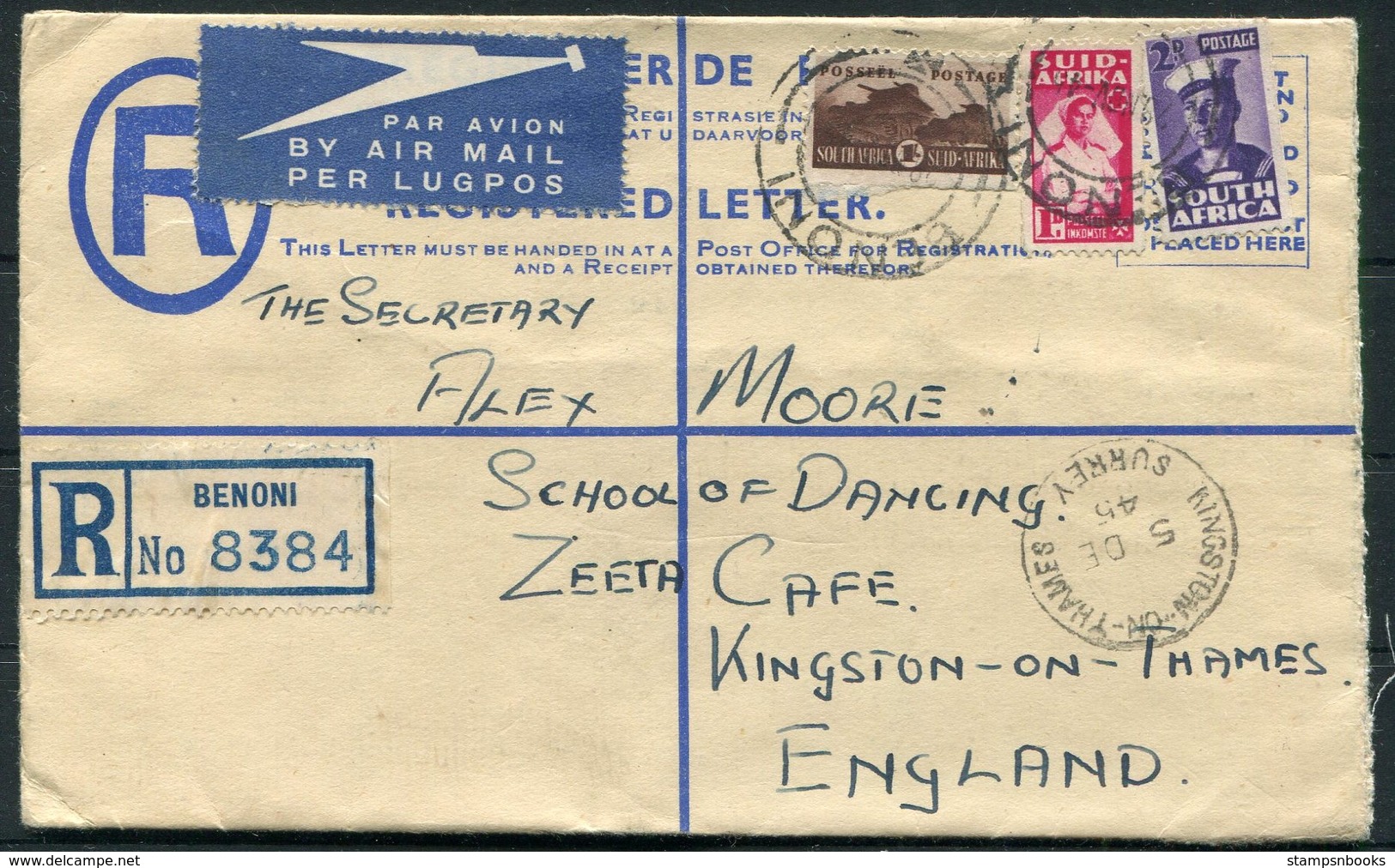 1945 South Africa Registered Letter, Airmail Benoni - Alex Moore Dancing School, Kingston On Thames, England. - Poste Aérienne