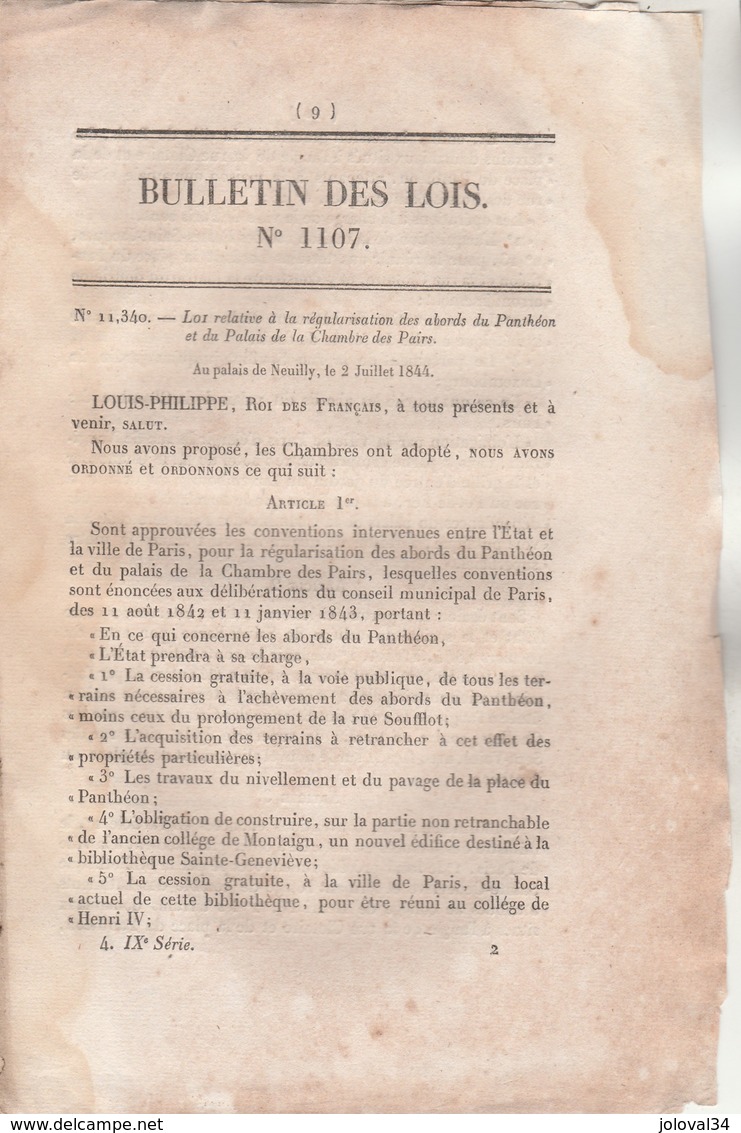 Bulletin Des Lois 1107 De 1844 - Régularisation Des Abords Du Panthéon Et Du Palais De La Chambre Des Pairs - Décrets & Lois