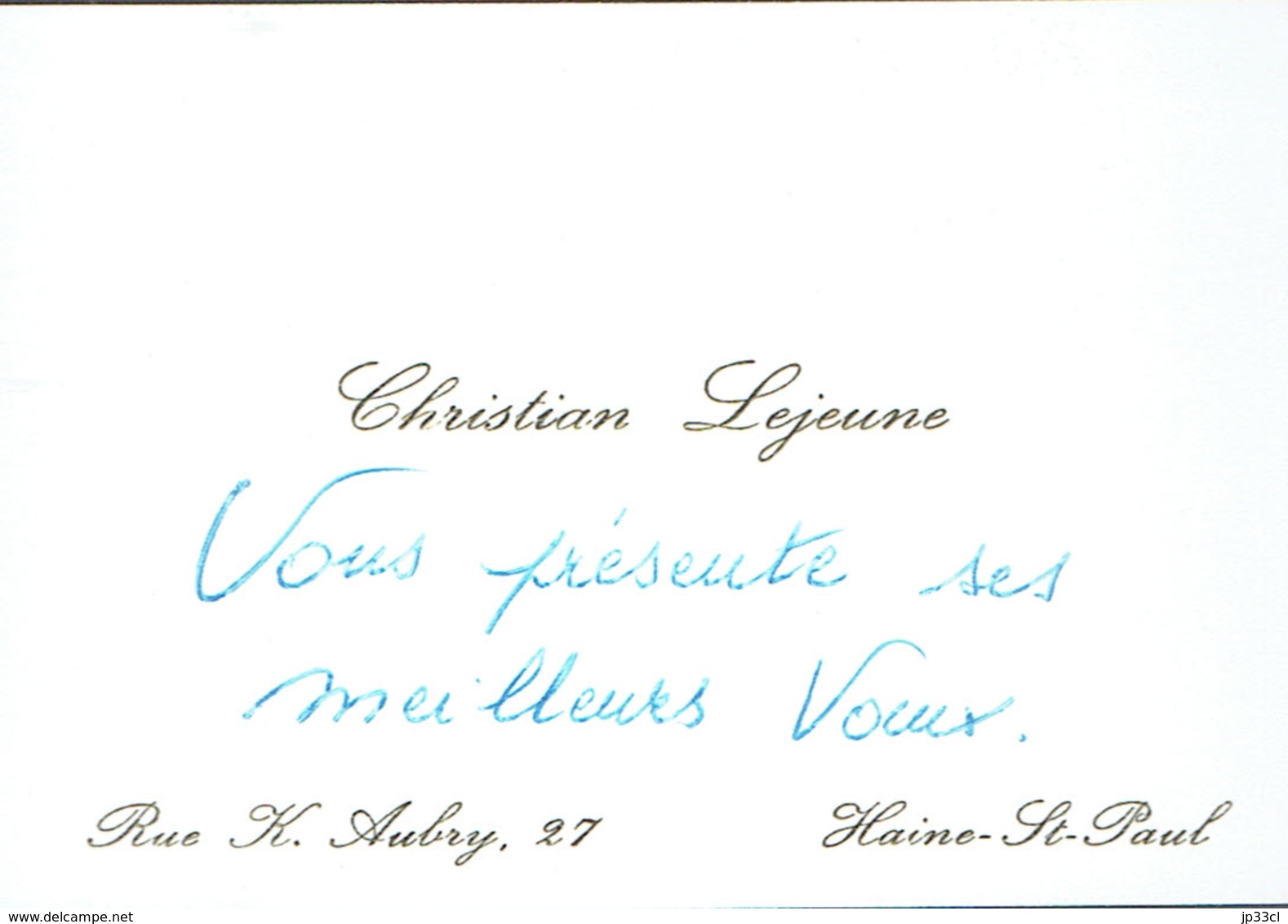 Ancienne Carte De Visite Autographe De Christian Lejeune, Rue H. Aubry, Haine-St-Paul (vers 1960) - Cartes De Visite