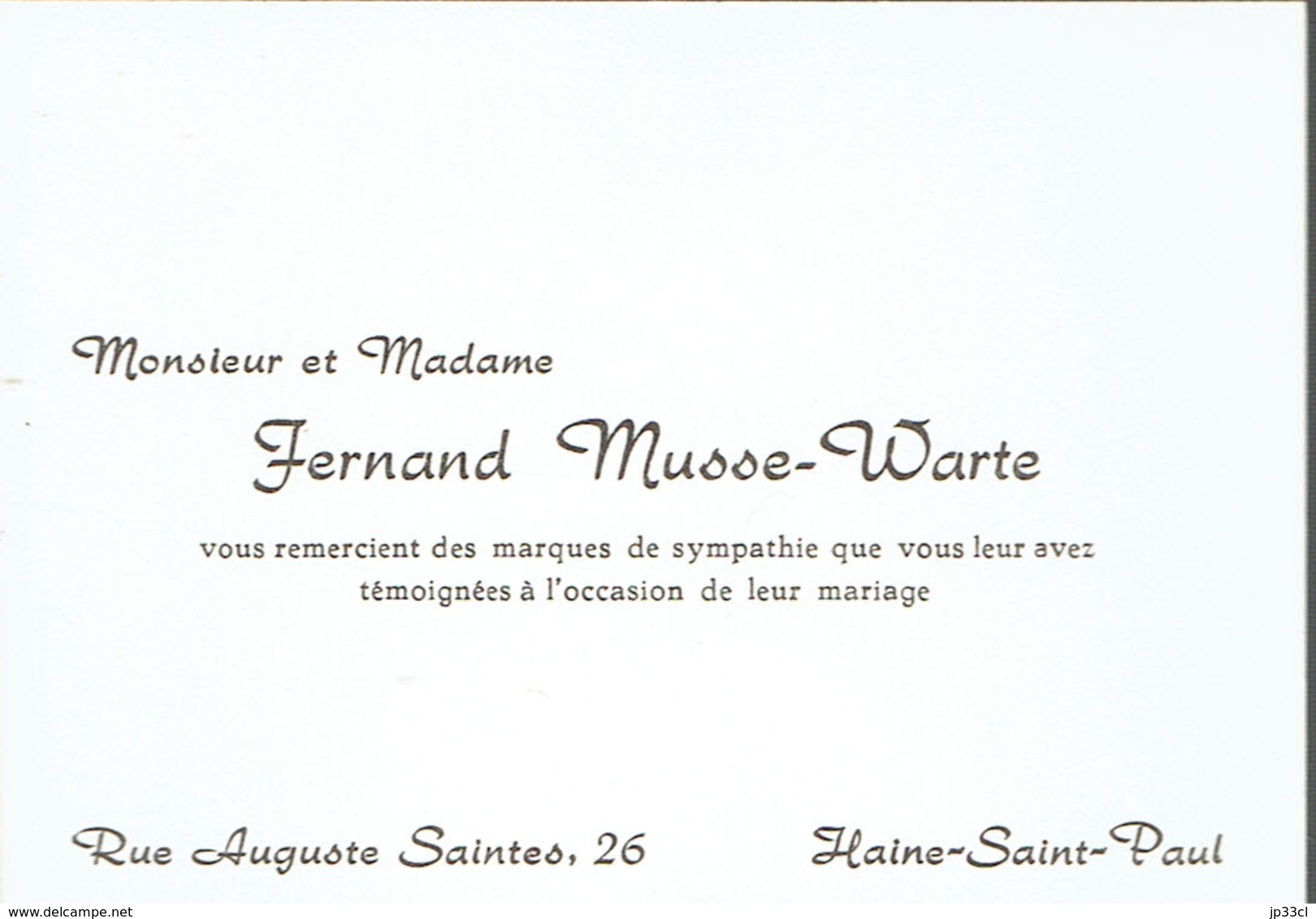 Ancienne Carte De Visite De M. Et Mme Fernand Musse-Wart, Rue A. Saintes, Haine-St-Paul (vers 1960) - Visiting Cards