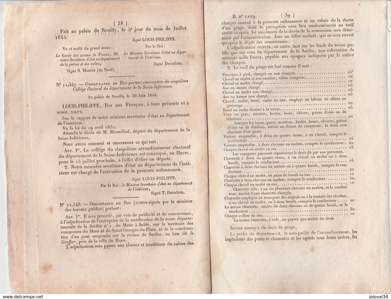 Bulletin Des Lois 1109 De 1844 - Anniversaire Juillet 1830 - Pont Suspendu Sur La Sarthe Le Greffier Près Le Mans Péage - Décrets & Lois