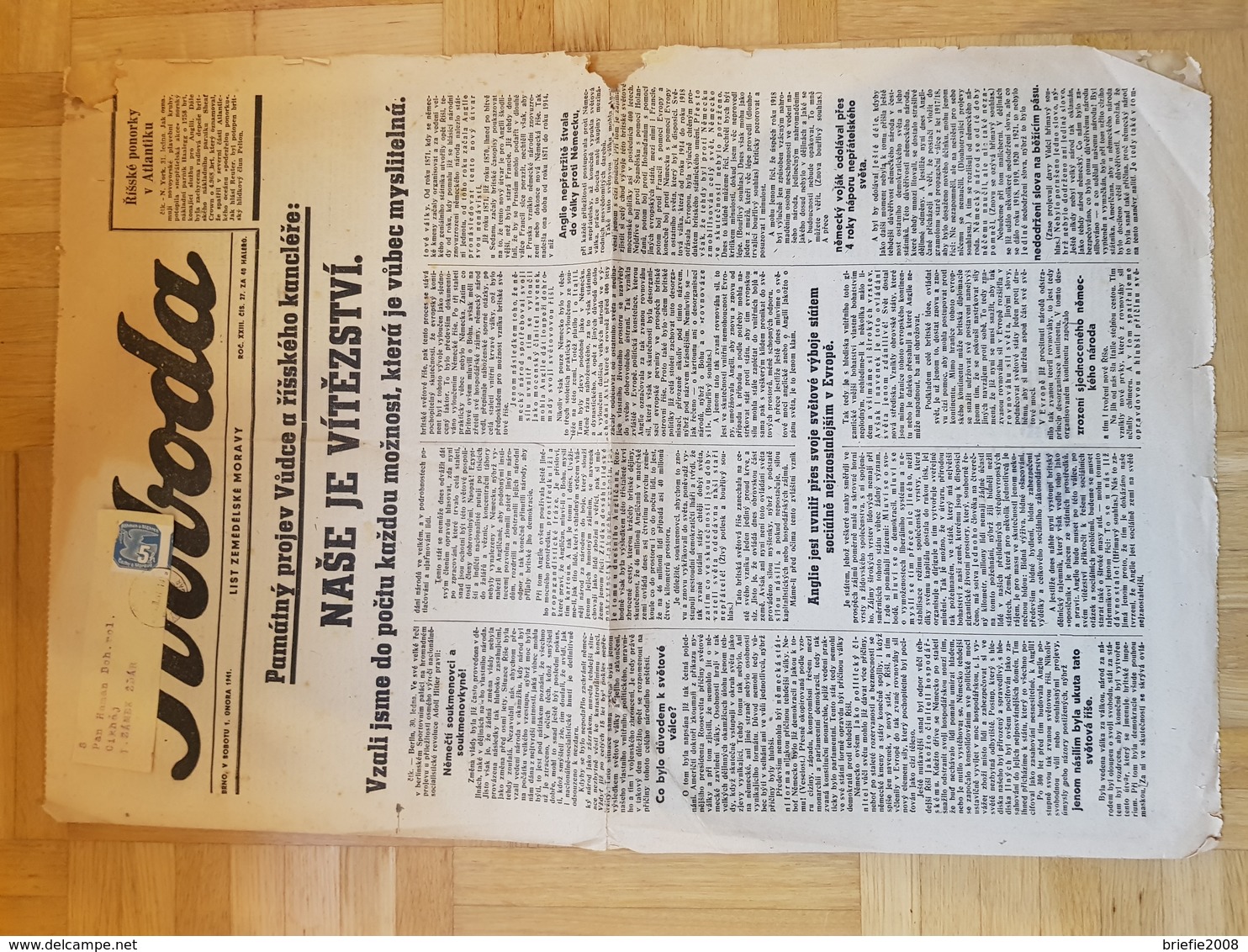 Böhmen Und Mähren Zeitung ‚Svoboda‘ 1.2.41 Hitler-Rede Sportpalast Berlin ((Text übersetzt) Der Sieg Ist Unser. - Lettres & Documents