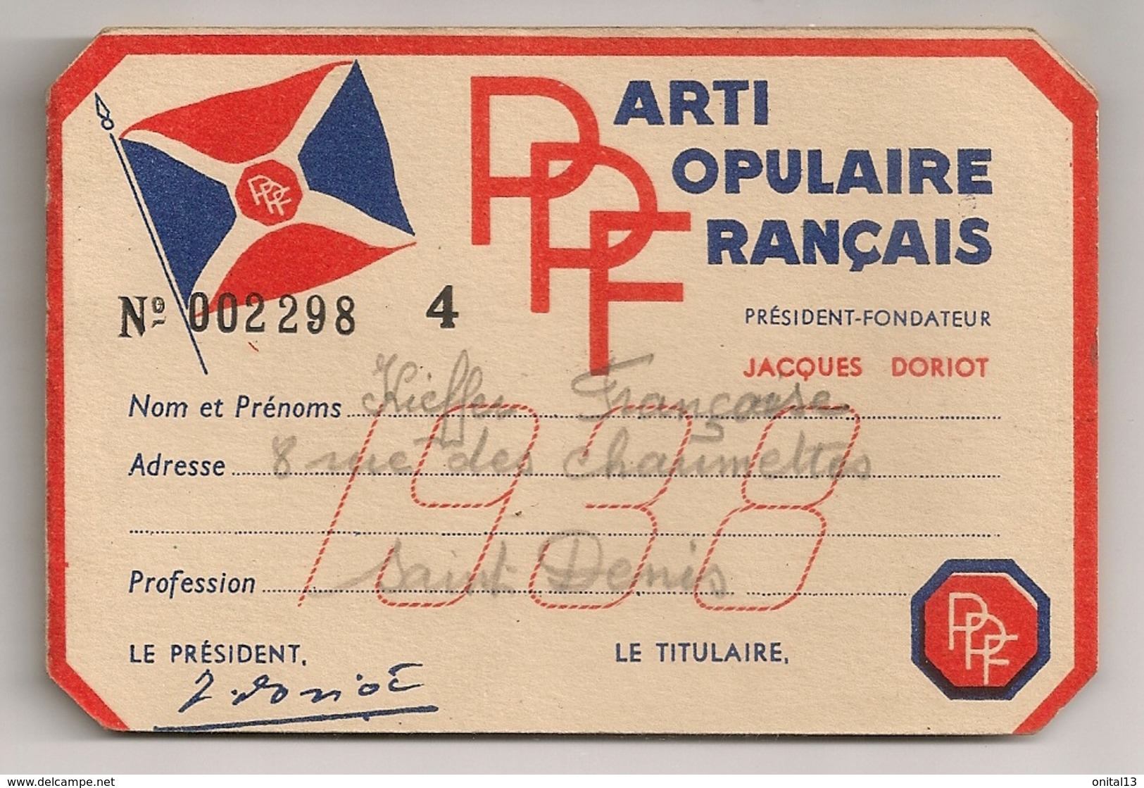 1938 CARTE MEMBRE DU  PPF / PARTI POPULAIRE FRANCAIS / DORIOT    B2159 - Historische Dokumente