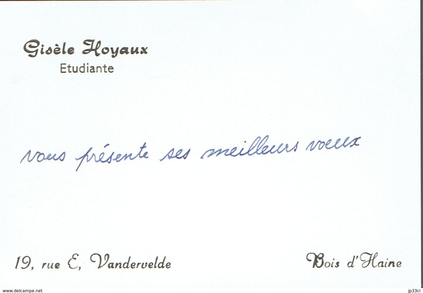 Ancienne Carte De Visite Autographe De Gisèle Hoyaux, étudiante, Rue E. Vandervelde, Bois-d'Haine (vers 1960) - Cartes De Visite