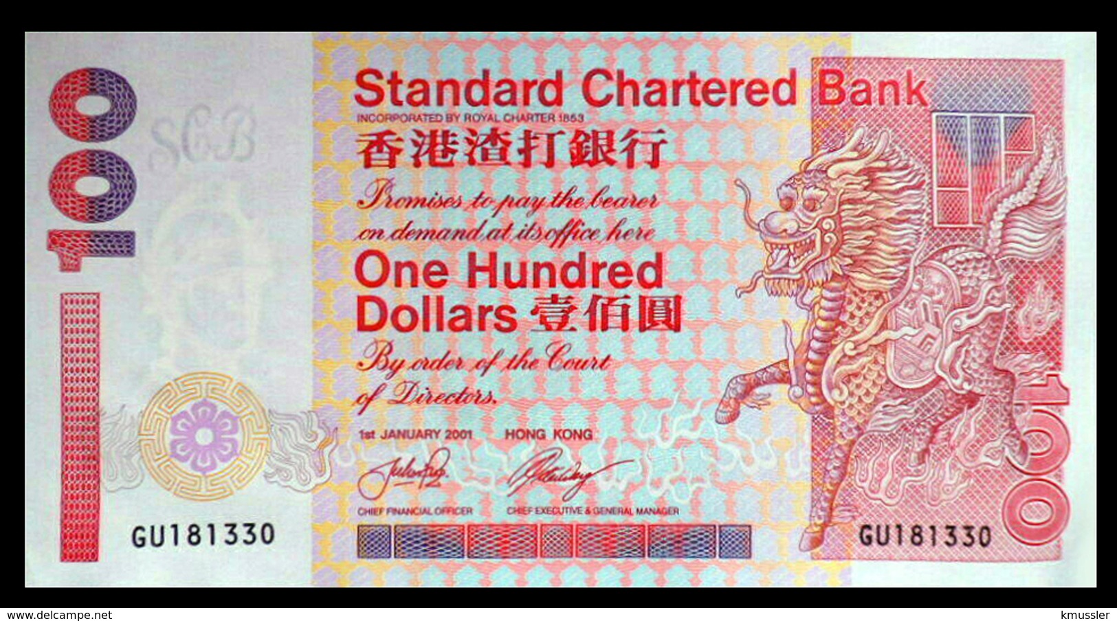 # # # Banknote Hongkong 100 Dollars 2001 UNC # # # - Hongkong