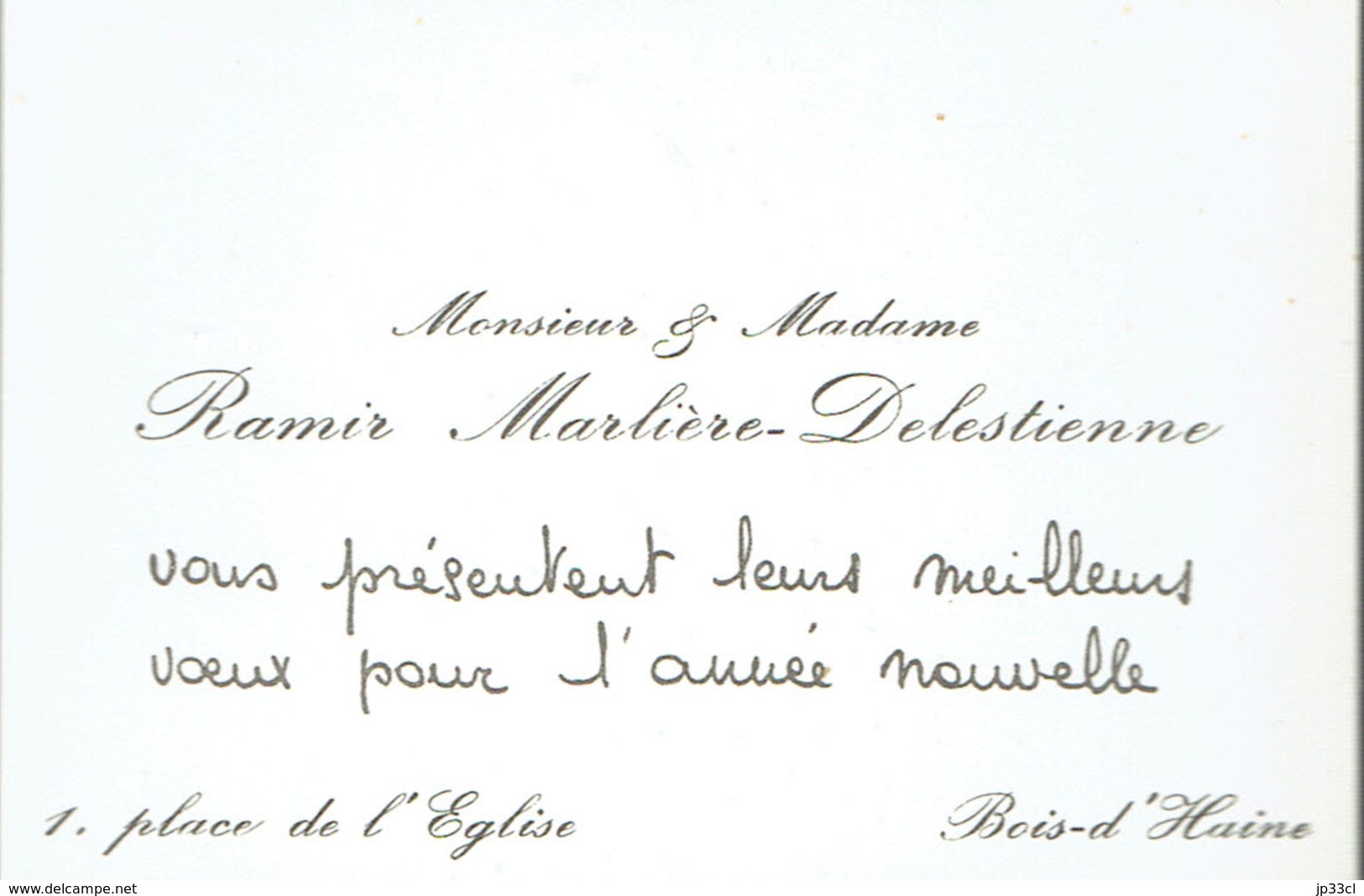 Ancienne Carte De Visite Autographe De M. Et Mme Ramir Marlière-Delestienne, Place De L'Eglise, Bois-d'Haine (vers 1960) - Visitekaartjes