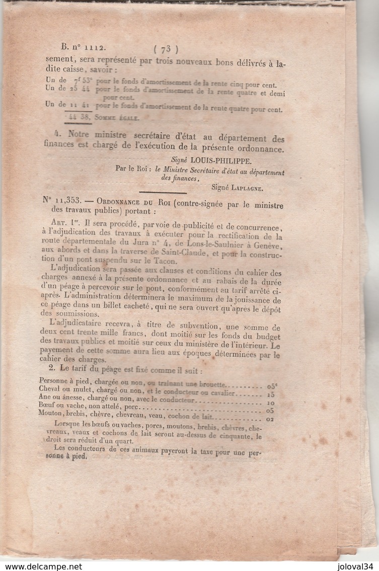 Bulletin Des Lois 1112 De 1844 - Construction Pont Suspendu Sur Le Tacon  Jura Avec Tarifs Péage - Décrets & Lois