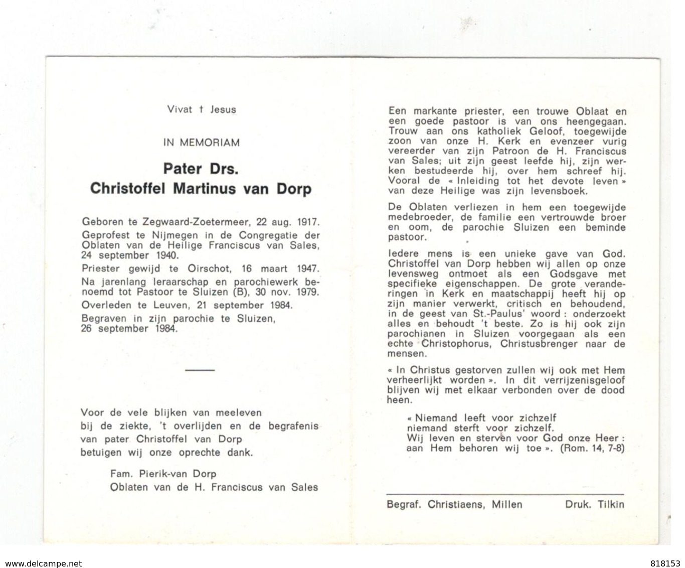 DP Pater Drs.Christoffel Marinus Van Dorp Geb.te Zegwaard-Zoetermeer (Nl) 1917 , Gestorven Te Leuven 1984 - Religion & Esotérisme