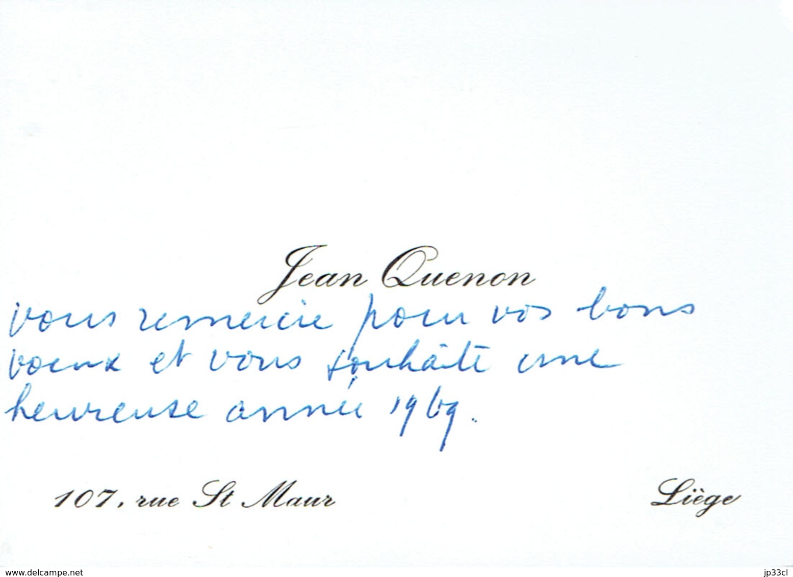 Ancienne Carte De Visite Autographe De Jean Quenon, Professeur à L'ULG, Rue St Maur, Liège (vers 1968) - Visiting Cards