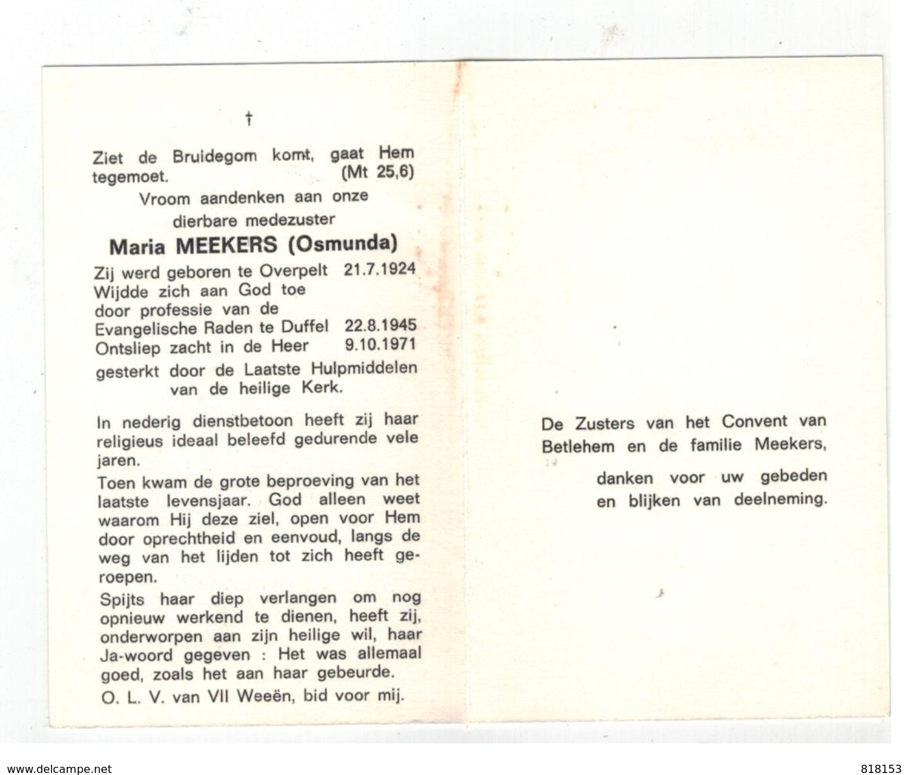 DP ZUSTER Maria MEEKERS (Osmunda) Geboren Overpelt 1924 Gestorven Duffel 1971 - Religion & Esotérisme