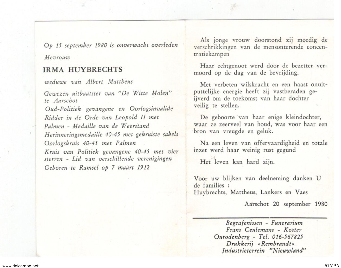 DP IRMA HUYBRECHTS Geboren Ramsel 1912,wed. V Albert Mattheus Gestorven Aarschot 1980 - Religion & Esotérisme