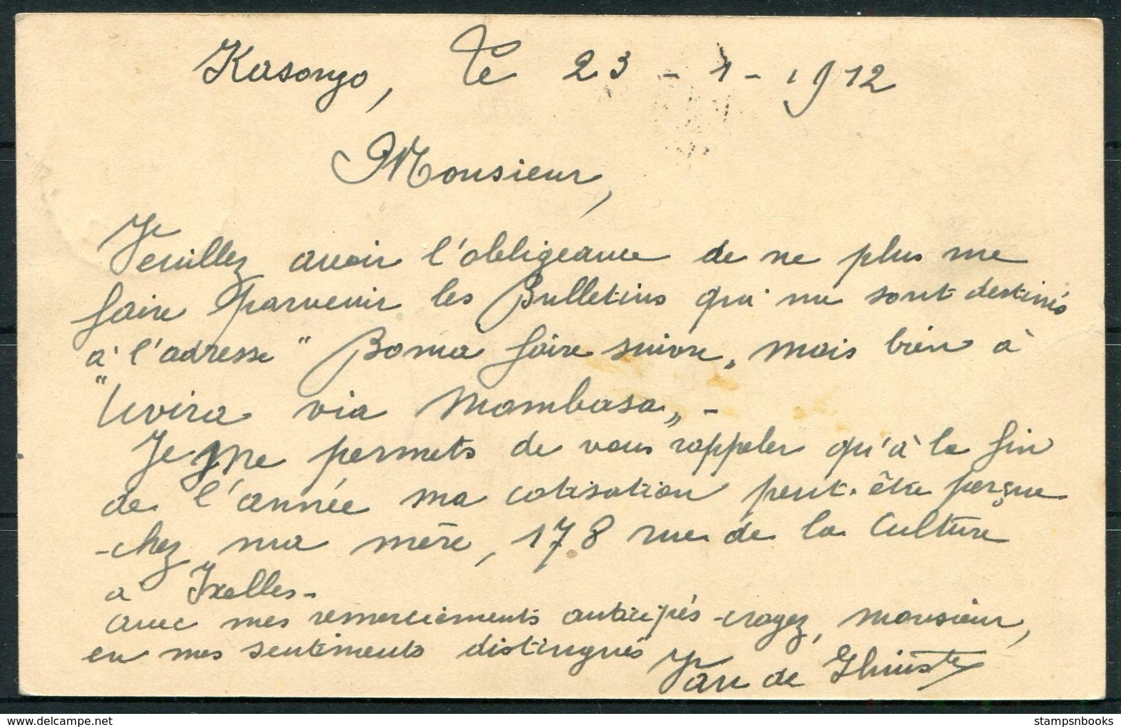 1912 Belge Congo Stationery Postcard. Kasongo - Bruxelles. Touring Club De Belgique, Belgium - Stamped Stationery