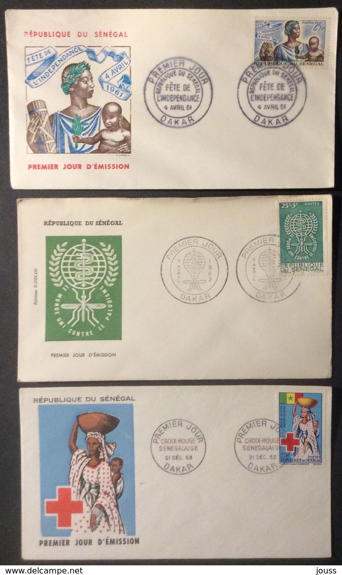 AFS3 Sénégal Indépendance 4/4/1961 Paludism 7/4/1962 Croix-Rouge 21/12/1963 Dakar FDC Premier Jour 8/7/1961 Lot 3 Lettre - Sénégal (1960-...)