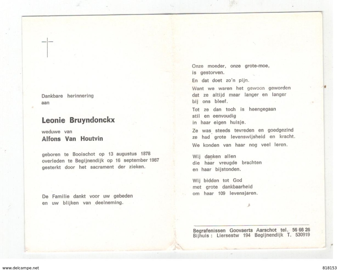 DP Leonie Bruyndonckx Geboren Booischot 1878 ,wed. V Alfons Van Houtvin,gestorven Op 109 Jaar In 1987 - Religion & Esotérisme