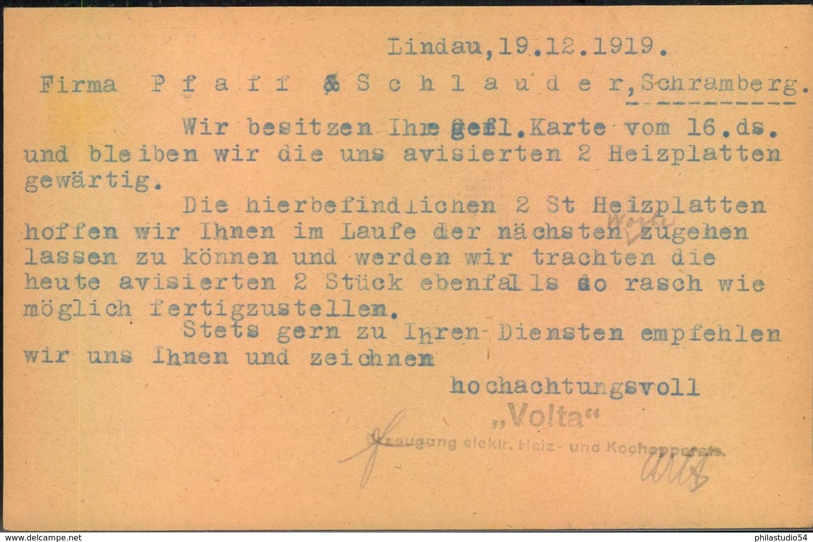 1919, 10 Pfg. GSK Mit Privatem Zudruck "Volta, Lindau I.B." Zusatzfrankatur - Enteros Postales