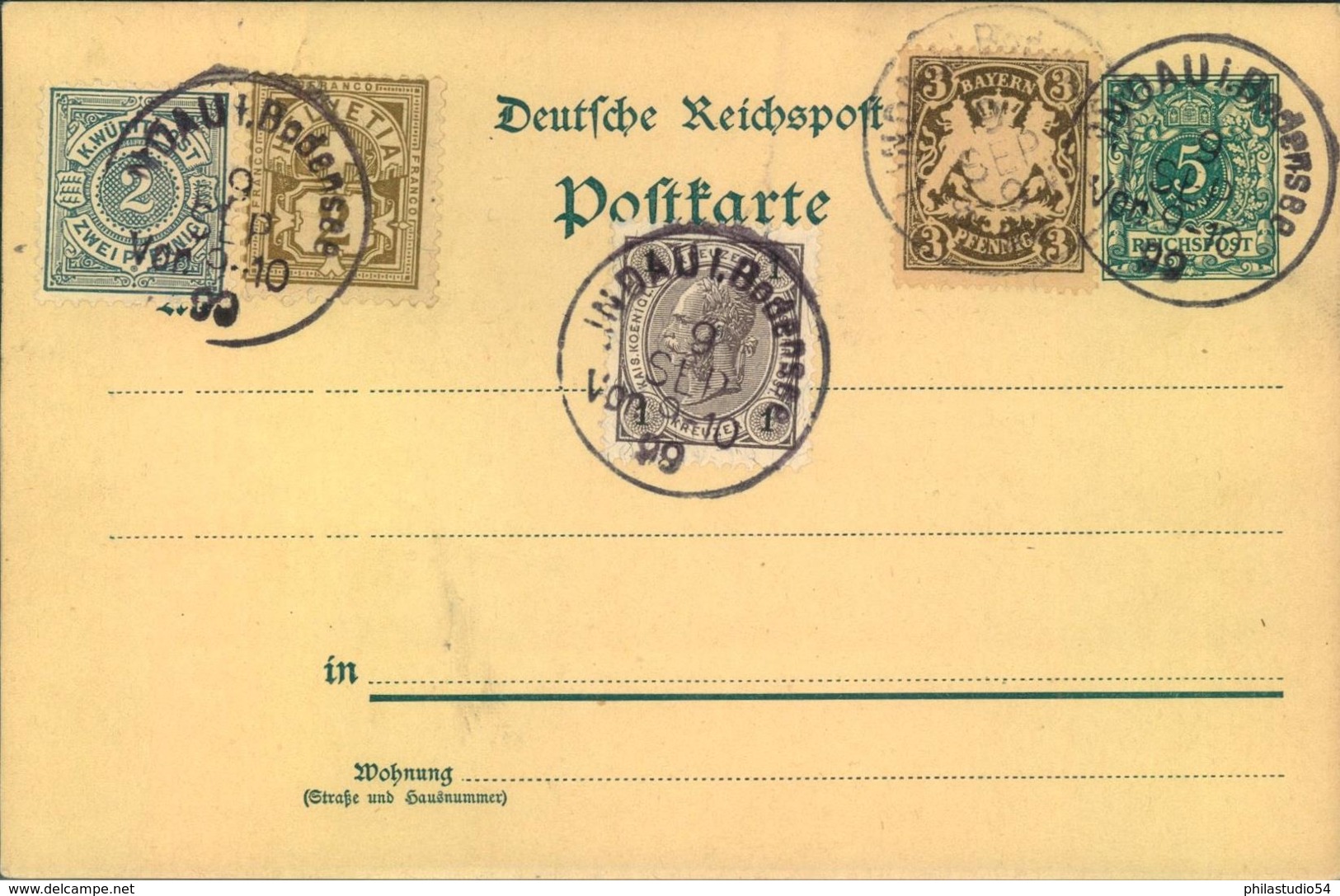 1899, Sammlerkarte Mit 5-Länder-Frankatur Der Bodenseeländer -"LINDAU BODENSEE" - Postwaardestukken