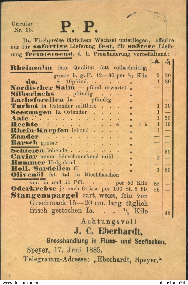 1885, 3 Pfg. Ganzsachenkarte Mit Preisliste Eines Fischhändlers Ab SPEYER - Interi Postali