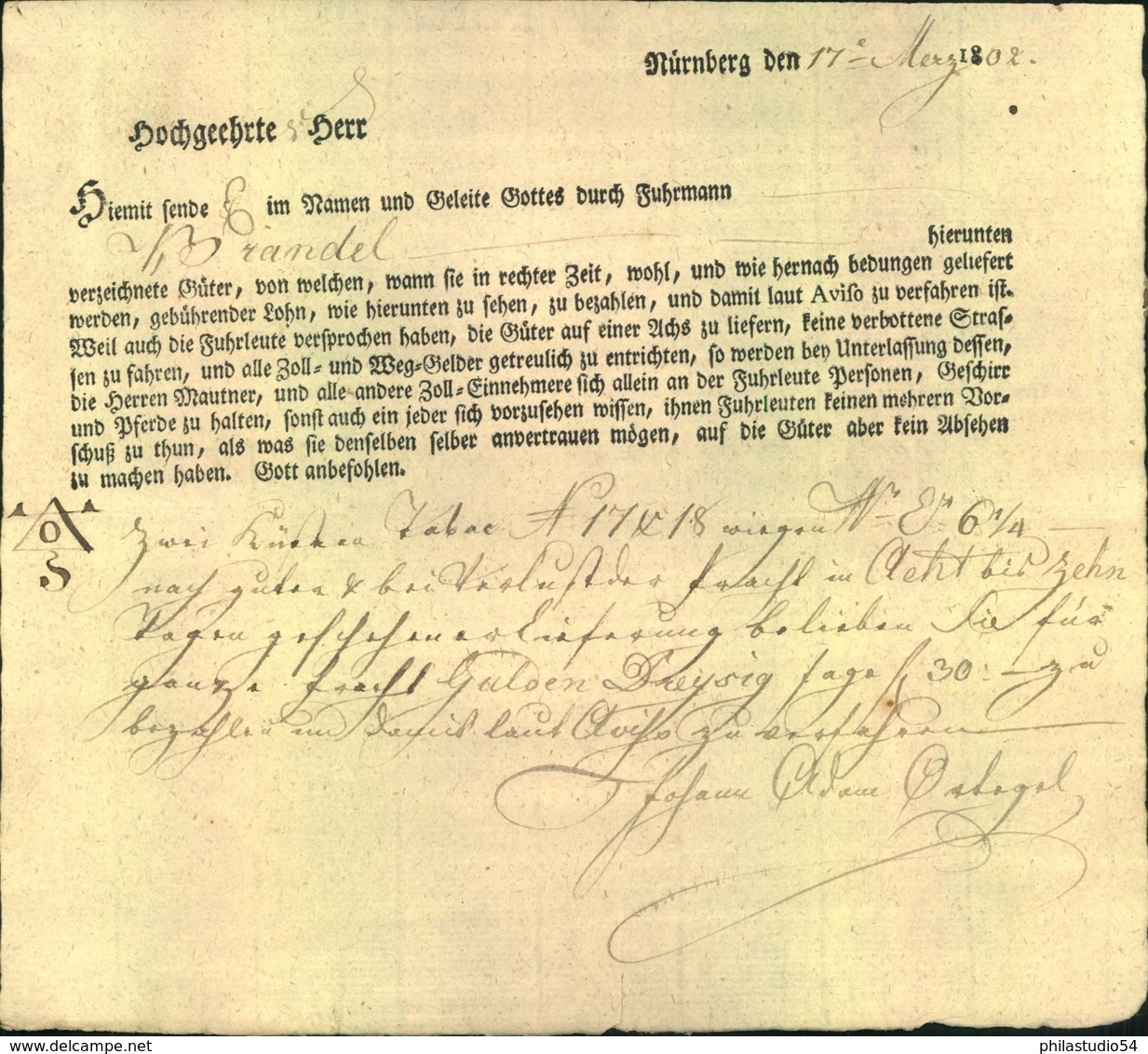 1802, FUHRMANNSBRIEF Mit Gedrucktem Teil Von NÜRNBERG - [Voorlopers