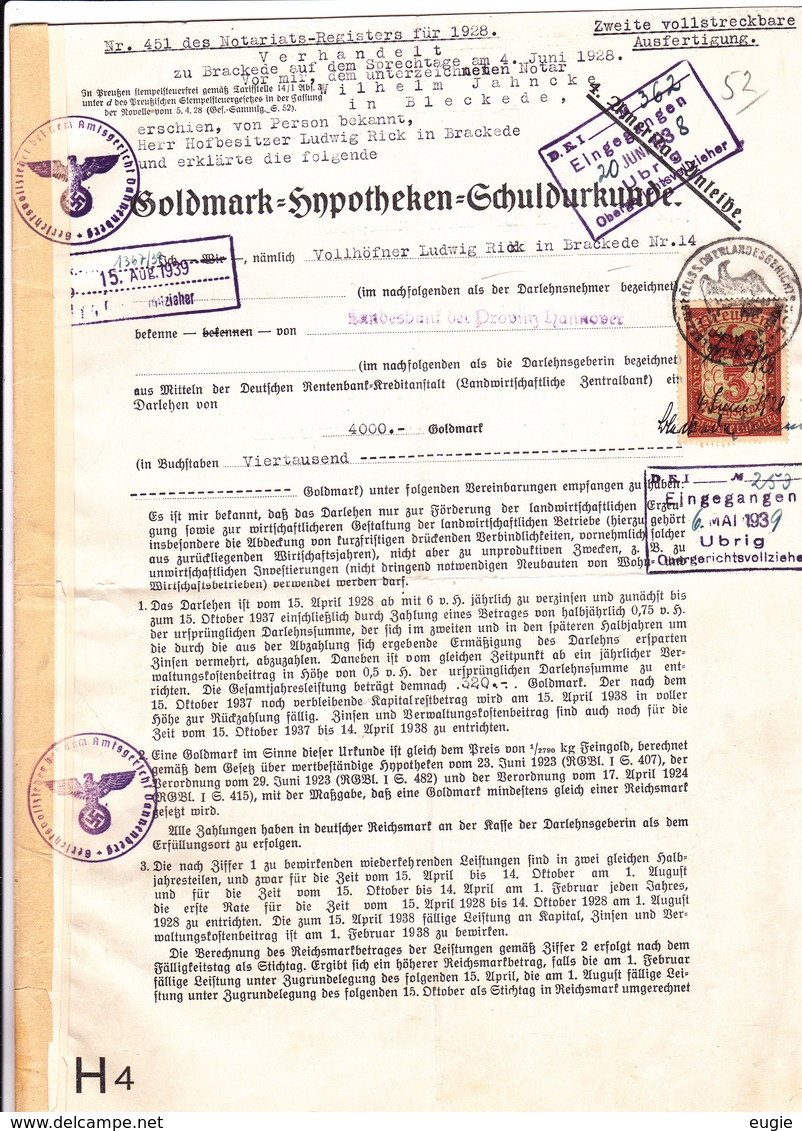 Goldmark Hypotheken Schuldurkunde 1939/ F. Meyer Obergerichtsvolizieher Dannenberg - Historische Documenten