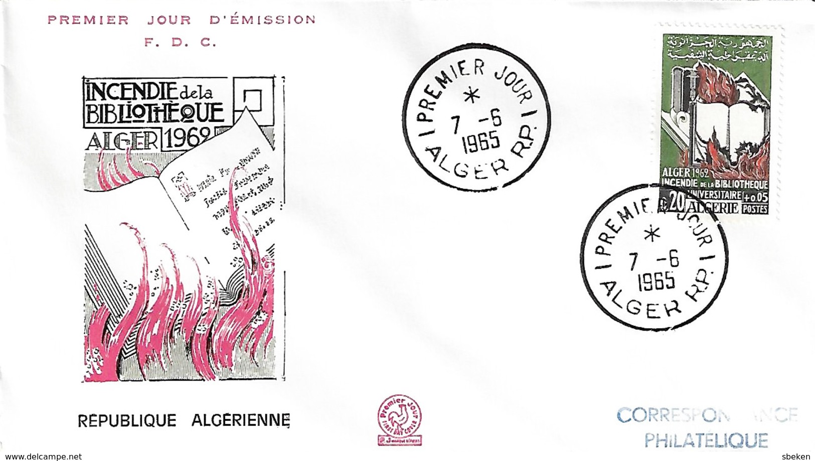 ALGÉRIE FDC 1er JOUR 1965 - YT406 - Incendie Bibliothèque D'Alger - Algeria (1962-...)