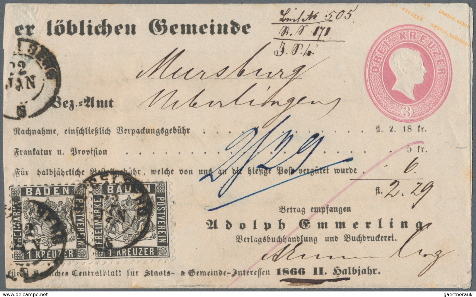 Baden - Ganzsachen: 1863, Ganzsachenumschlag 3 Kr. Rosa Mit 2x 1 Kr. Schwarz Und Nachnahme-Vordruck - Autres & Non Classés