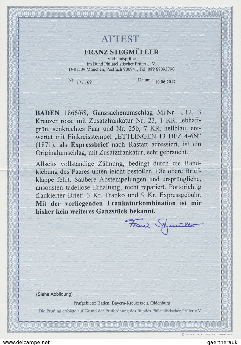 Baden - Ganzsachen: 1866/68: Ganzsachenumschlag 3 Kr. Rosa Mit 1 Kr. Lebhaftgrün Im Senkrechten Paar - Other & Unclassified