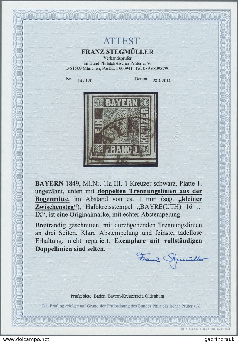 Bayern - Marken Und Briefe: 1849, 1 Kreuzer Schwarz, Platte 1, Zwei Waagerechte TRENNUNGSLINIEN UNTE - Sonstige & Ohne Zuordnung