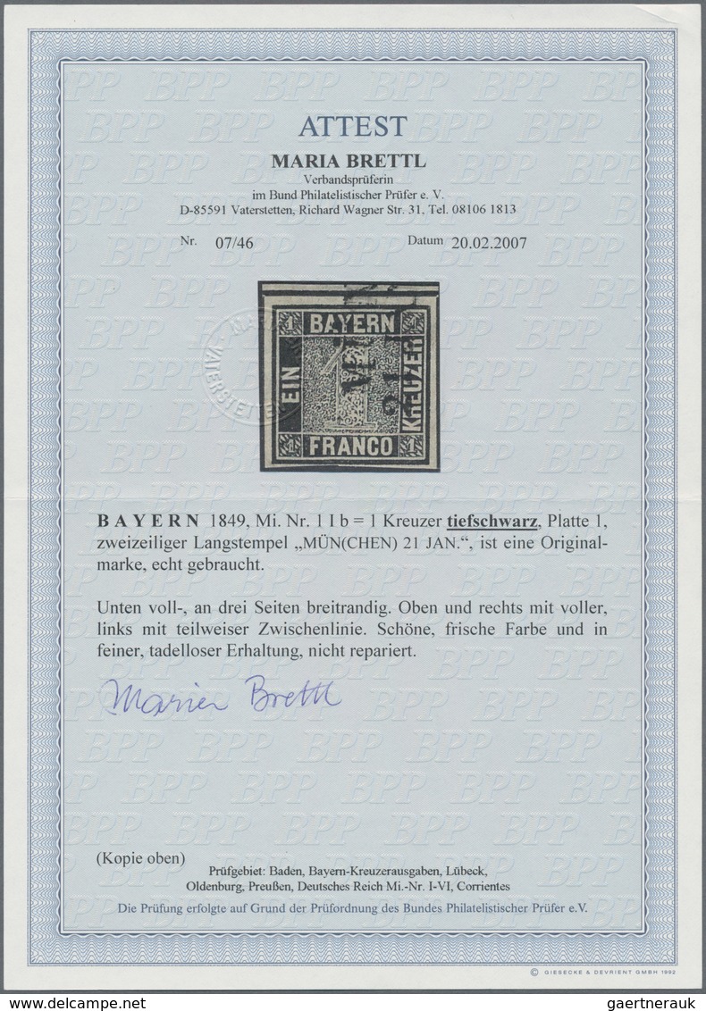 Bayern - Marken Und Briefe: 1849, 1 Kreuzer In B-Farbe Tiefschwarz, Platte 1 Mit L2 "MÜN(CHEN) 21 JA - Other & Unclassified