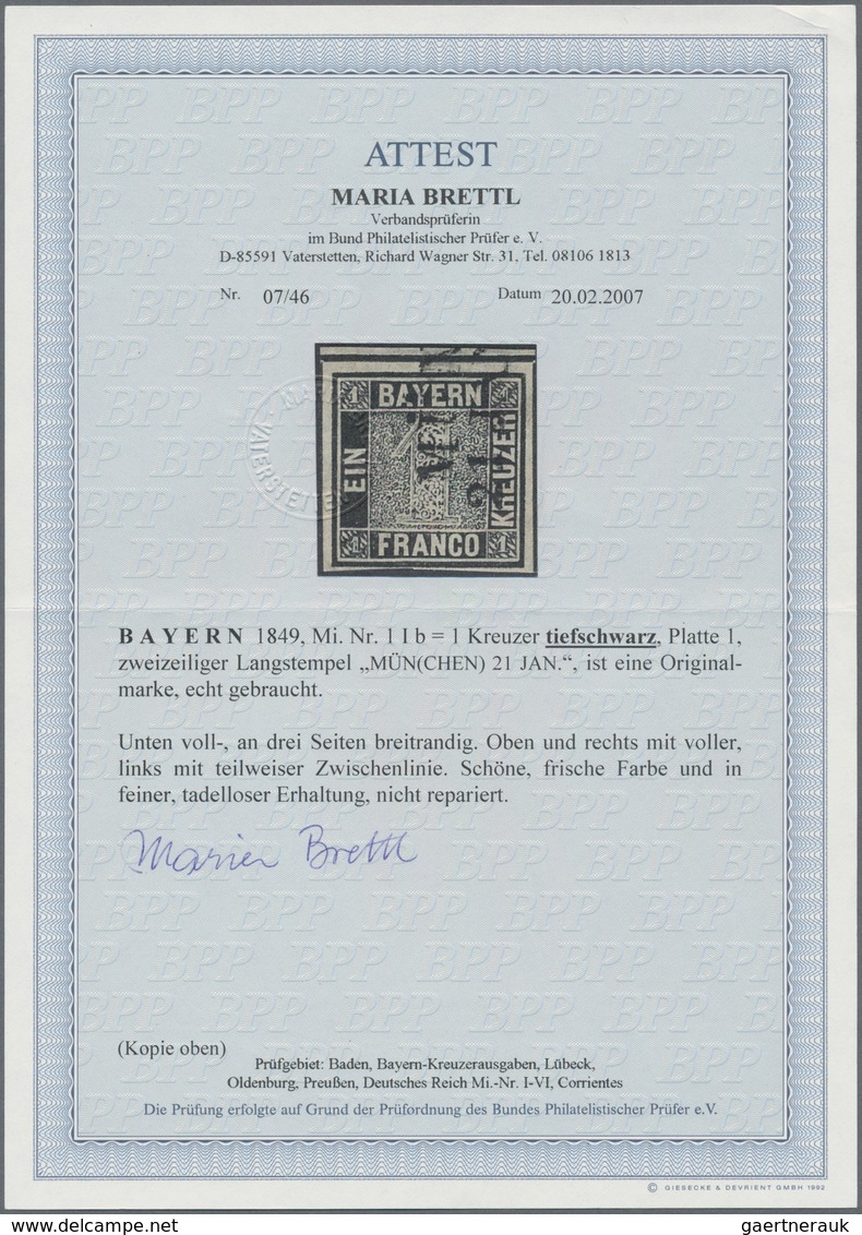 Bayern - Marken Und Briefe: 1849, 1 Kreuzer In B-Farbe Tiefschwarz, Platte 1 Mit L2 "MÜN(CHEN) 21 JA - Altri & Non Classificati