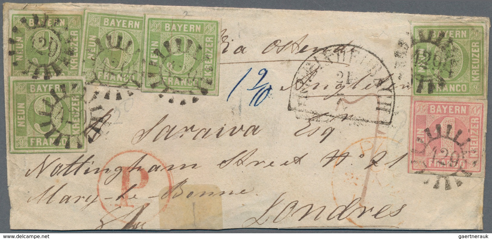 Bayern - Marken Und Briefe: 1850, Fünfmal Ziffern 9 Kr. Gelbgrün Und 1 Kr. Rosa Als 46 Kr. Frankatur - Sonstige & Ohne Zuordnung