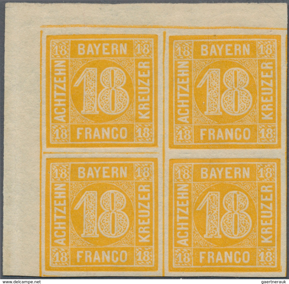 Bayern - Marken Und Briefe: 1850, 18 Kr. Gelborange Als Postfrischer Eckrandviererblock Oben Links, - Otros & Sin Clasificación