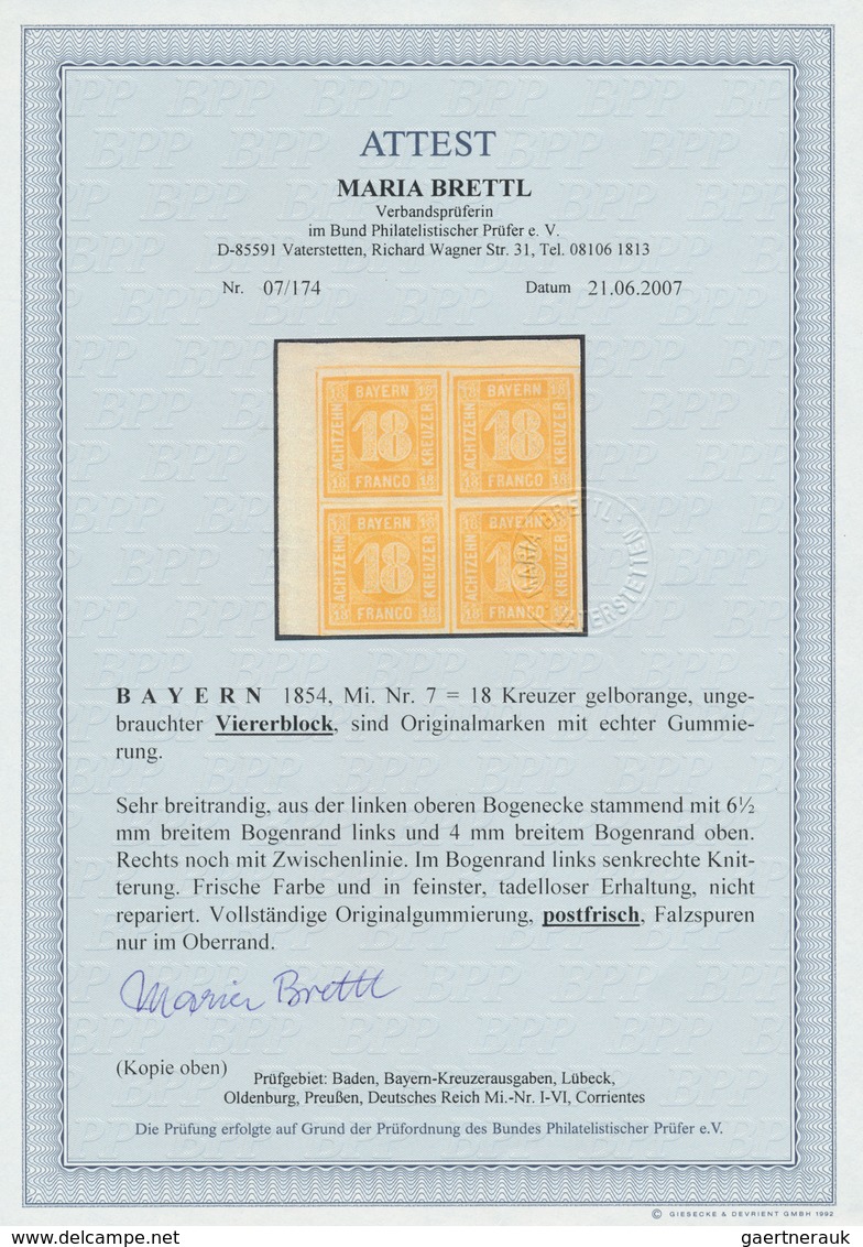 Bayern - Marken Und Briefe: 1850, 18 Kr. Gelborange Als Postfrischer Eckrandviererblock Oben Links, - Sonstige & Ohne Zuordnung