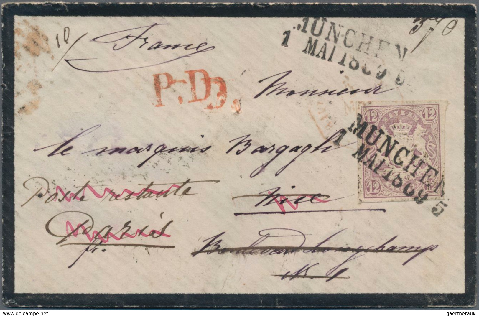 Bayern - Marken Und Briefe: 1867, Wappen 12 Kr. Geschnitten Auf Brief Von München Nach Nizza U. Pari - Other & Unclassified