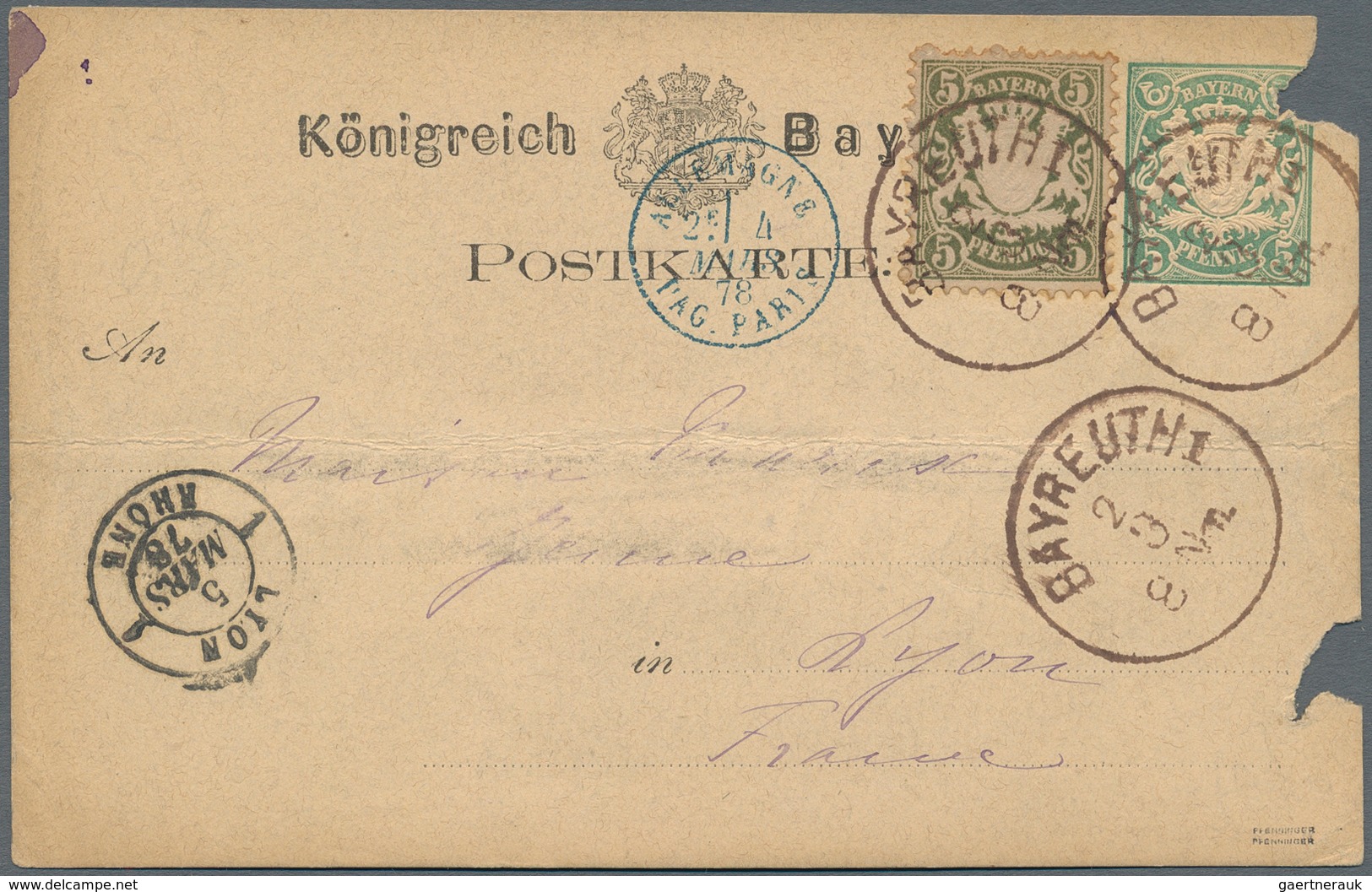 Bayern - Marken Und Briefe: 1876, 5 Pf Grauolivgrün Als Zusatzfrankatur Auf 5 Pf Ganzsachenkarte Von - Sonstige & Ohne Zuordnung