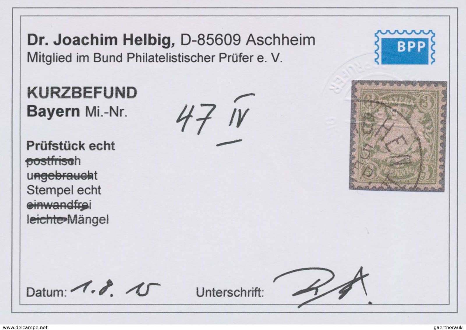 Bayern - Marken Und Briefe: 1881, 3 Pf Wappen Grün Mit PLATTENFEHLER "20 Unter Jeder Wertziffer", Ge - Other & Unclassified