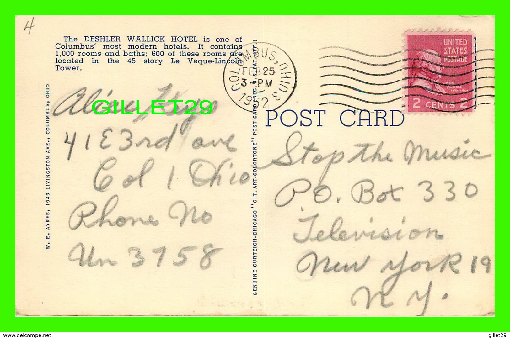 COLUMBUS, OH - DESHLER WALLICK HOTEL, R.K.O. THEATRE & LE VEQUE-LINCOLN TOWER - TRAVEL IN 1952 - W. E. AYRES - - Columbus