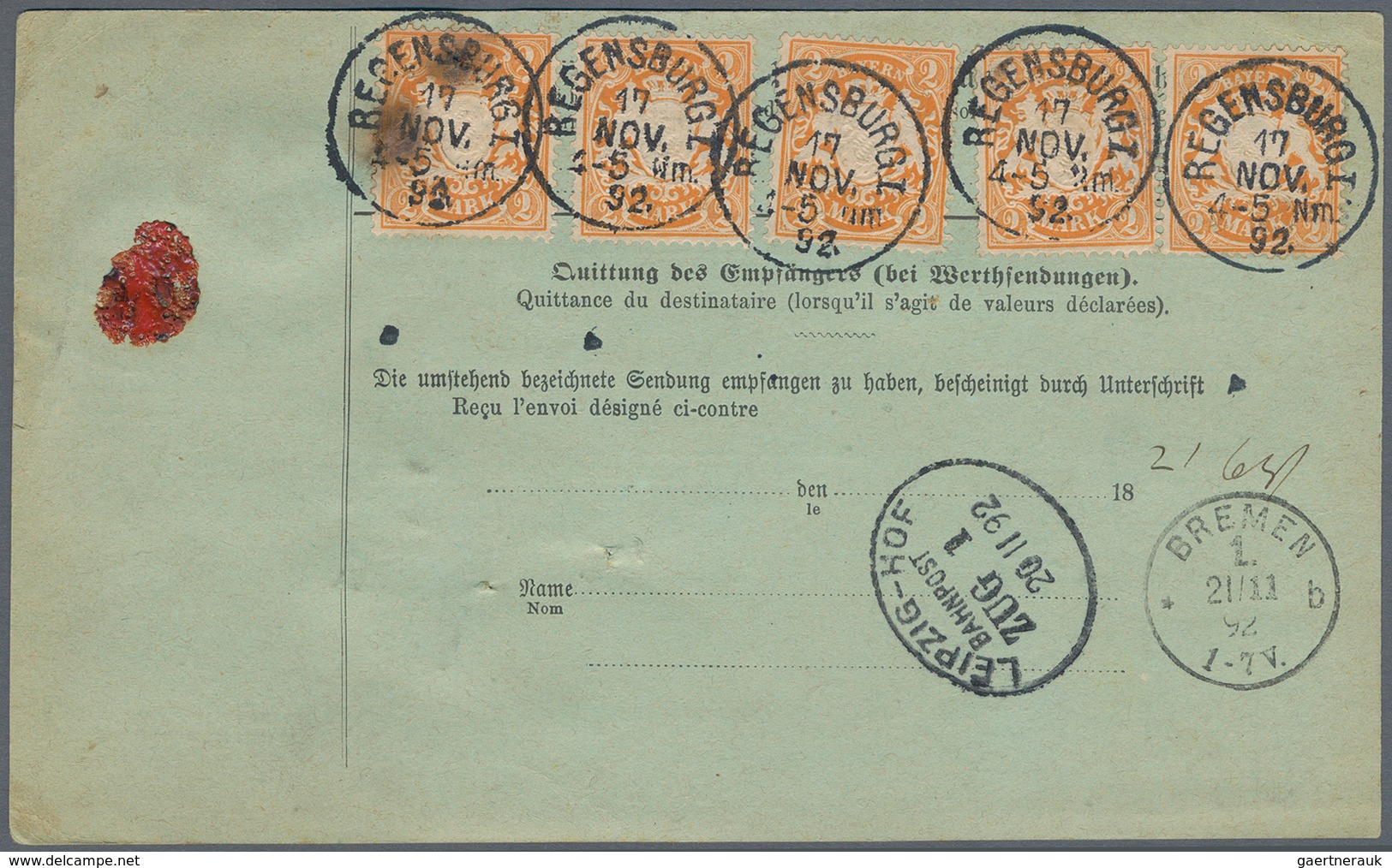 Bayern - Marken Und Briefe: 1892, Paketkarte Nach Melbourne, Fünfmal 2 Mark Orange Von 1890 Zusammen - Other & Unclassified